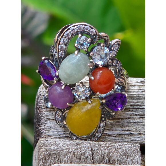 JOY PAJ Jade of Yesteryear 925 Sterling Silver Multi Stone Jade Ring Size 5 - Picture 1 of 11